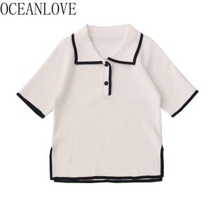 Knitted Camisetas De Mujer Striped Black White Short Sleeve Summer T Shirt Women Turn-down Collar Vintage Tops Tee 210415
