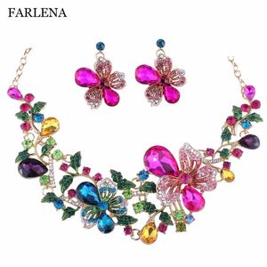 Farlena Jewelry Luksusowe Multicolor Crystal Dhinestones Kwiaty Naszyjnik Kolczyki Zestaw Bridal Wedding Prom Biżuteria Zestawy H1022