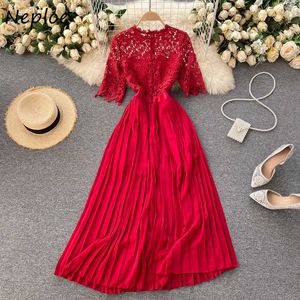 Neploe Heavy Work Lace Embroidery Hollow Out Dress Women High Waist Hip A Line Long Vestidos O Neck Sleeve Slim Robe Spring Y0823