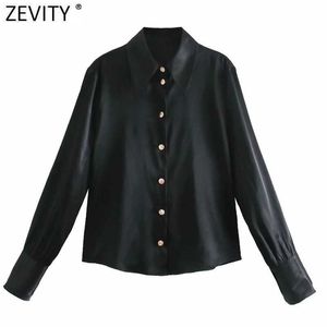 Zevity Women Elegant Turn Down Collar Black Soft Satin Smock Blouse Office Ladies Single Breasted Shirts Chic Blusas Tops LS7465 210603