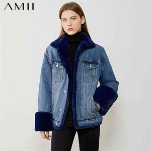 Minimalism Winter Thick Female Jacket Fashion Natural Rabbit Fur Collar Women's Denim 12070507 210527