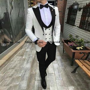 Wholesale groomsmen tuxedos for sale - Group buy White Groom Tuxedos Mens Wedding Suits Black Peaked Lapel Man Blazer Piece Slim Fit Male Jacket Trousers Double Breasted