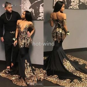 2022 Sexy African Black Prom Dresses Gold Aplikacje Cekiny V Neck Krótki Rękaw Mermaid Party Dress Suknia Suknie Wieczorowe