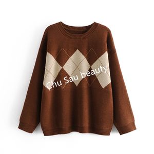 Y2K Höst Vinter Koreansk Argyle Tjock Loose Oversized O-Neck Pullovers Stickade Tröjor Coat Topps Kvinna Jumpers Jersey Mujer 210514