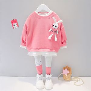 Baby Mädchen Kleidung Sets Kinder Casual Kleidung Spitze Cartoon Kaninchen T-shirt Hosen Kleinkind Kleinkind Kinder Urlaub Kostüm 211224