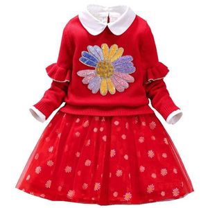 Vår höst barn kläder uppsättningar för tjejer röd paljetter blomma pullover tröja bomull mesh klänning 2 st set barn kläder tjej 210713