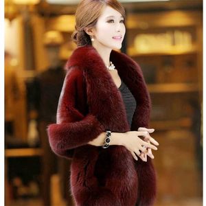 Women's Faux Fur Cape Jacket Winter Warm White / Black / Burgundy Large Fur Collar Short Section Young Lady 211018