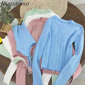 Kimutomo Fashion Suit Women Solid Short Slim Long-sleeved Thin Cardigan and Knitted Elegant Camisole Casual Two Piece Set 210521