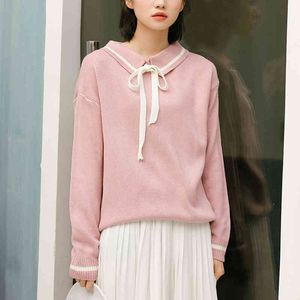 Sweter Bow Neck Loose Sweter Kobiety Swetry Zagrożeniowe Dziania Eleganckie Casual Solidne Minimalistyczne Topy 666H 210420