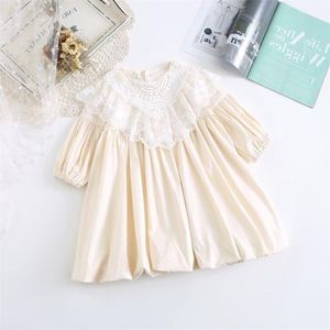 Cute Korean Kids Dresses for Girls Flower Embroidery Detachable Lace Collar Long Sleeve Princess Dress Vestidos Party Costume 210508