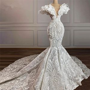 Abiti da sposa a sirena con fiori Dubai Abiti da sposa in piume di pizzo musulmano Abiti da sposa 2021 Couture Plus Size Abito da sposa per feste 322