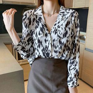 Kvinnor och blusar Spring Feminin Blouse Top Casual Långärmad Leopard Print Top Chiffon Blusskjorta 810h 210420