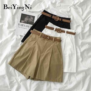 Shorts Female With Belt Solid Color Pockets High Waist Wide Leg Short Pants Korean Vintage Office Ladies Summer 210506