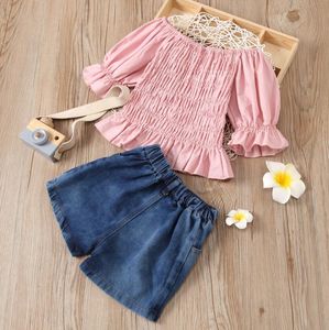 Baby Girls Lantern Sleeve and Shorts Set Fashion Solid Color Boat Neck Ruffles shirt Denim Short Pants