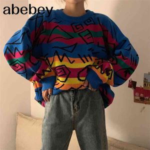 Chic Retro Crazy Style Loose Pull Femme Graffiti Lover Maglione lavorato a maglia a righe arcobaleno O collo Patch manica lunga Pulllover 210805