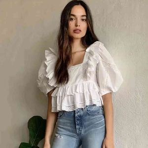 Ruffled White Lace Blouse Shirt Women Crop Top Fashion Summer Short Puff Sleeve Womens Tops and Blouses Blusas Mujer 210415
