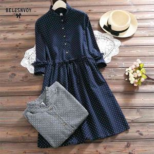 Mori Girl Spring Autumn Women Dresses Stand Collar Elbise Långärmad Vintage Dress Polka Dot Tryckta Femininos Vestidos 210409