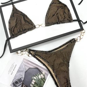 Damskie dwuczęściowe bandażowe stroje kąpielowe list przędza netto strój kąpielowy łańcuch Backless trójkątne bikini letnie pływanie strój kąpielowy na plaży