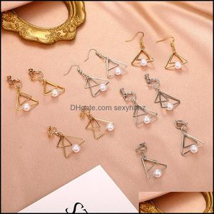 Stud Earrings Jewelry Double Triangle Pearl Hook Metal Geometric Sier Dangle Ear Cuff Women Alloy Screw Party Gift Hollow Earring Aessories