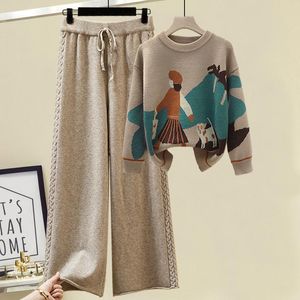 Women s Two Piece Pants Knitted Suit Winter Cartoon Pictures Sweater Pullover Wide Leg Sets Woman Pieces Knitwear