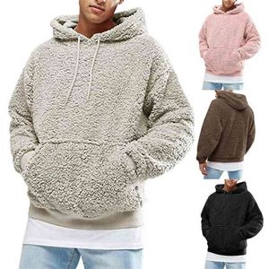 Mens Warm Faux Fur Fleece Hoodie Hooded Sweatshirt Casual Pullover Men Clothing Solid Color Streetwear with Kangaroo Pockets 210728