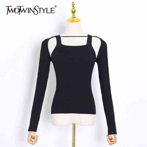 Patchwork sweter dla kobiet Kwadratowy kołnierz z długim rękawem Slim Minimalist Black Tops Kobiet Spadek Moda 210524