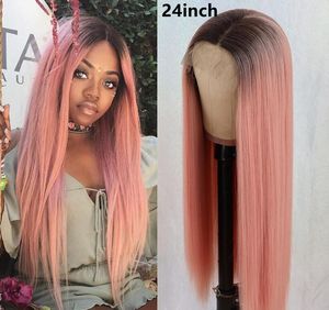 Hitzebeständige Mittelteil-Ombre-Pink-Perücke, langes Haar, leimlos, seidig, gerade, Lace-Front-Perücken, dunkle Wurzeln, synthetische Perücken für schwarze Frauen, 61 cm