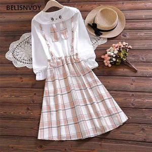 Japansk Preppy Style Spring Women Dress Grey Pink Plaid Kanin Broderi Skola Uniform Elegant Söt Kawaii Girl's 210520