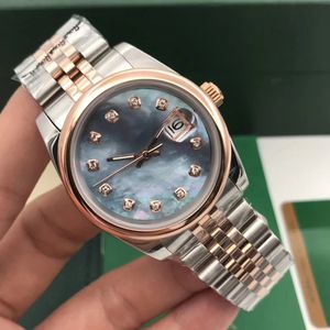 Classico orologio da donna in acciaio inossidabile con zaffiro da 31 mm, quadrante meccanico automatico con diamanti, argento, oro rosa, quadrante blu