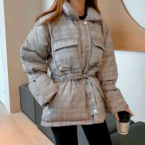 Vintage Lattice Puffer Jacket Down Drawstring Waist Coat Big Fickor Höst Vinter Kvinna 210421