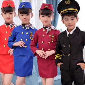 2021 Halloween Carnival Party Pilot Cosplay Costumes for Kids Boys Birthday Gift Girls Flight Attendant Dress Military Uniform Q0910