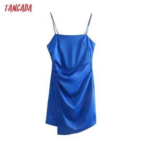 Tangada Women Solit Blue Short Dressストラップ調整ノースリーブファッションレディエレガントなドレスvestido QD51 210609