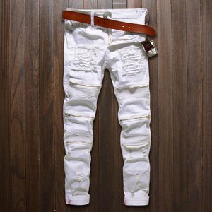 Kırpılmış Sıska Kot Beyaz toptan satış-Skinny Jeans Erkekler Beyaz Yırtık Diz Fermuar Moda Rahat Slim Fit Biker Hip Hop Destroy Streç Kot Pantolon Motosiklet Erkekler