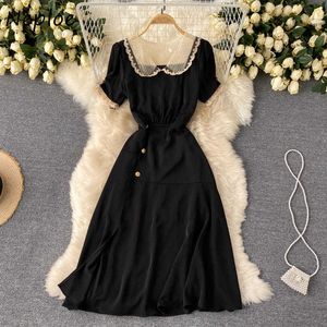 Neploe Vintage Lace Gaze Puff Manga Curta Mulher Vestido Peter Pan Collar Slim Cintura Vestidos Novo Joelho Hepburn Style Robe C0607