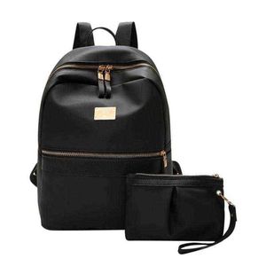 2pcs / set mode kvinnor ryggsäck svart multi-fickor ryggsäck med liten handväska tonåring pu läder skolväska kvinnlig resväska y1105