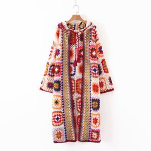 Autumn New Handmade Crochet Hooded Full Print National Style Jacquard Long Women Sweaters Cardigan 210421