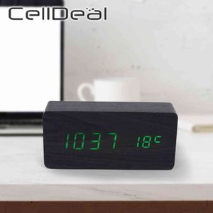 LED Wooden Alarm Clock Sound Voice Control Square Digital Thermometer Date Display Desktop Table Home USB/AAA Powered Clocks 211112