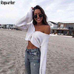 Knitted Ribbed Zipper Sexy V Neck White T Shirt Women Harajuku Fall Cropped Cardigan Long Sleeve Top Tee Fashion Winter Clothes 210510