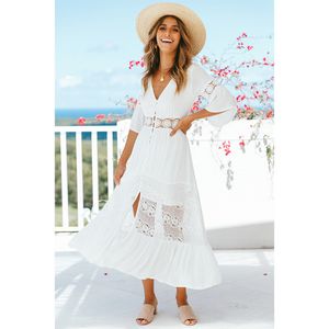 Summer White Lace Tunic Beach Short Sleeve Sexy Split Maxi Chiffon Dress Robe Femme 210415