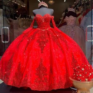 Sparkly Red Sequins Sweet 16 Ball Gown Quinceañera Klänningar Beaded Sequins Långärmad Långkoppling Korset Vestido de 15 Anos Quinceanera 2021