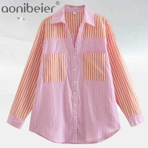 Primavera Casual Mulher Rosa Stripe Patchwork Camisas de Algodão Feminino Doce Superized Soft Tops Senhoras Camisa Básica 210604