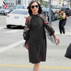 New Woman Plus Size Preto Casual Camisa Vestido 3/4 Mangas De Malha Eagle Bordado Fringe Senhoras Midi Straight Party Vestido Robe 3398 210409