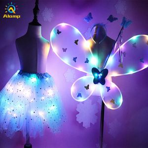 Novely Led Lysous Girl Butterfly Vingar Set Belysning Med Glödande Tutu Skirt Fairy Wand Headband Light Up Princess Dress Costume Gift 2-8T