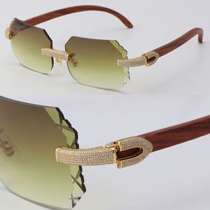 Partihandel NEW Micro-Paved Rimless Luxury Diamond Set Solglasögon Trä Sun Glasögon Rockar Trä Glasögon Ram Man och Kvinna C Dekoration 18K Guld Storlek: 58-18-140mm