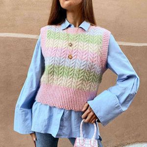 Moda Renkli Gökkuşağı Kazak Yelek Pembe O Boyun Yelek Vintage Kintted Kolsuz Kadın Yelek Chic Jumper Üst Kadın Giysileri 210415