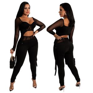 Calças de duas peças de duas peças Zoctuo Sets Sexy Sheer Malha Set para Mulheres 2 Sólidos Apertado Slim Slim Collar Crop Top e Calças Suits Girls