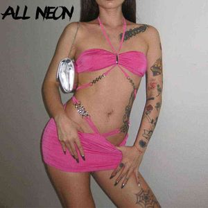 ALLNeon Y2K Fashion Sexy Backless Bandage Pink Cut Out Dress 2000s Aesthetics Hollow Out Halter Bodycon Party Dress Club Outfits Y220304