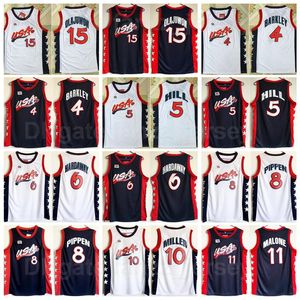 1996 ABD Rüya Üç Basketbol Scottie Pippen Jersey 8 Charles Barkley 4 Penny Harbaide 6 Hakeem Olajuwon 15 Karl Malone 11 Grant Hill 5 Reggie Miller 10 Mavi Beyaz