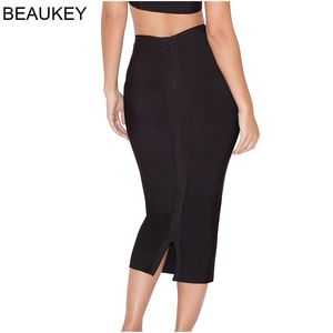Beaukey Blue Mid Calf鉛筆包帯スカートロングボディコン女性伸縮性の高いスプリットスカート卸売XL赤女性スカート中国210730