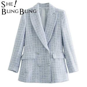 Shingblinging Za Light Blue Women Chic Double Breasted Blazers Coat Kvinnor OuterWear Office Lady Jacket Plaid Suit Workwear 211006